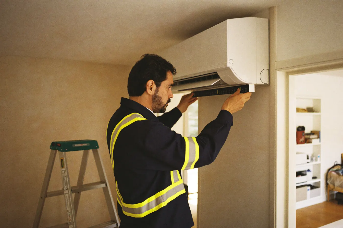 Técnico instalando un aire acondicionado split en una vivienda de Santa Coloma de Gramenet
