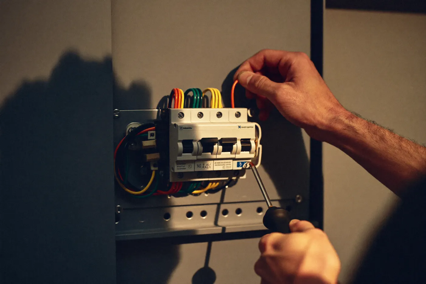 Electricista manipulando los magnetotérmicos de un cuadro eléctrico en Santa Coloma de Gramenet