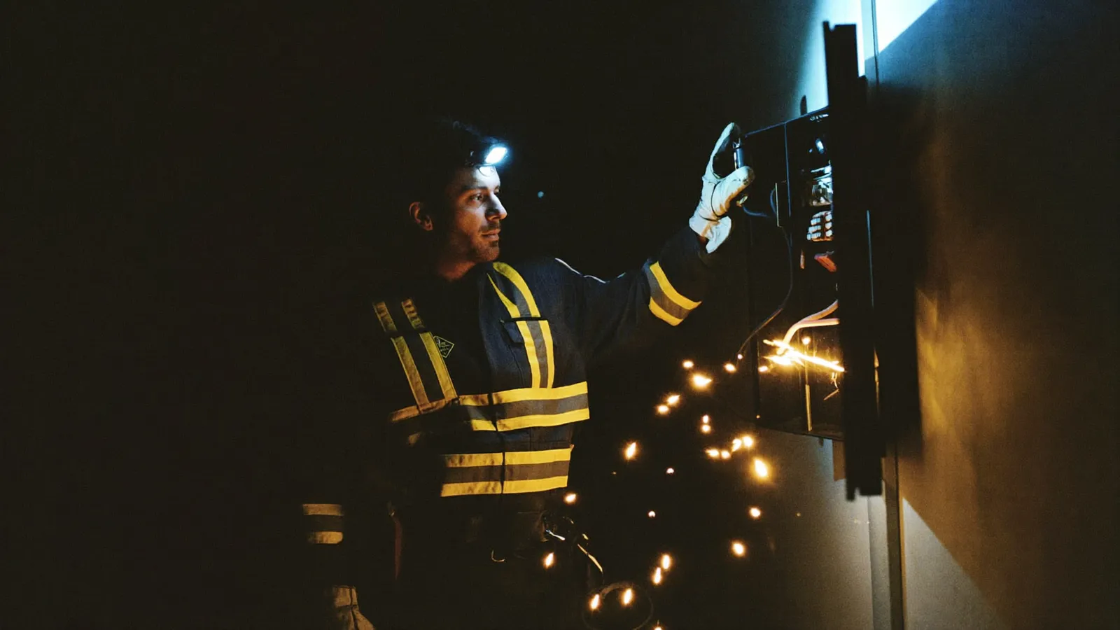 Electricista de urgencias reparando de noche un cuadro eléctrico que ha saltado en Santa Coloma de Gramenet