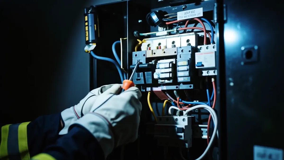 Detalle de las manos de un electricista trabajando en un cuadro eléctrico en Santa Coloma de Gramenet