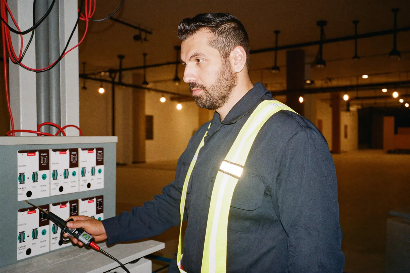Electricista trabajando en el cuadro eléctrico de un local comercial en Santa Coloma de Gramenet