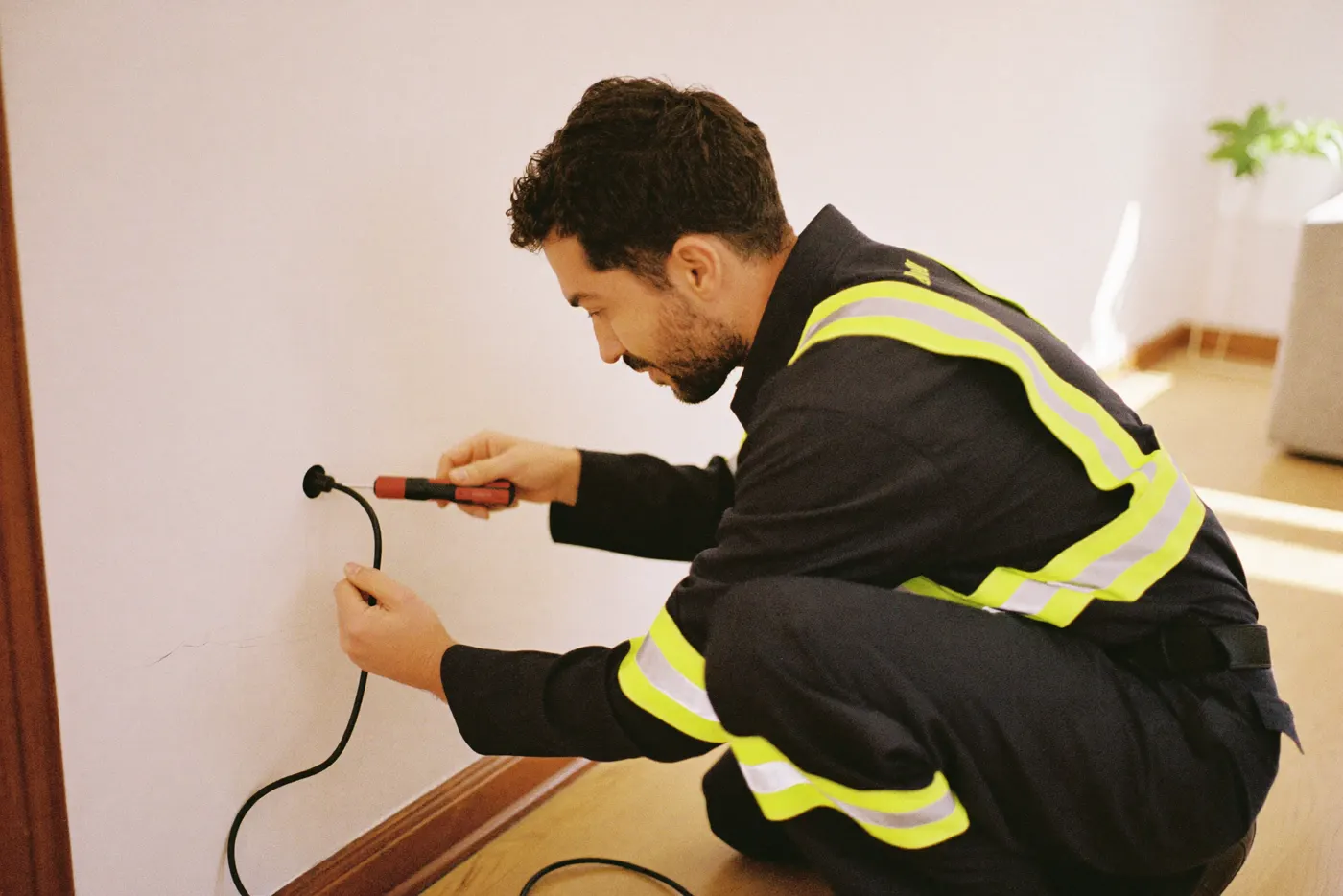 Electricista instalando un mecanismo eléctrico en una vivienda de Santa Coloma de Gramenet